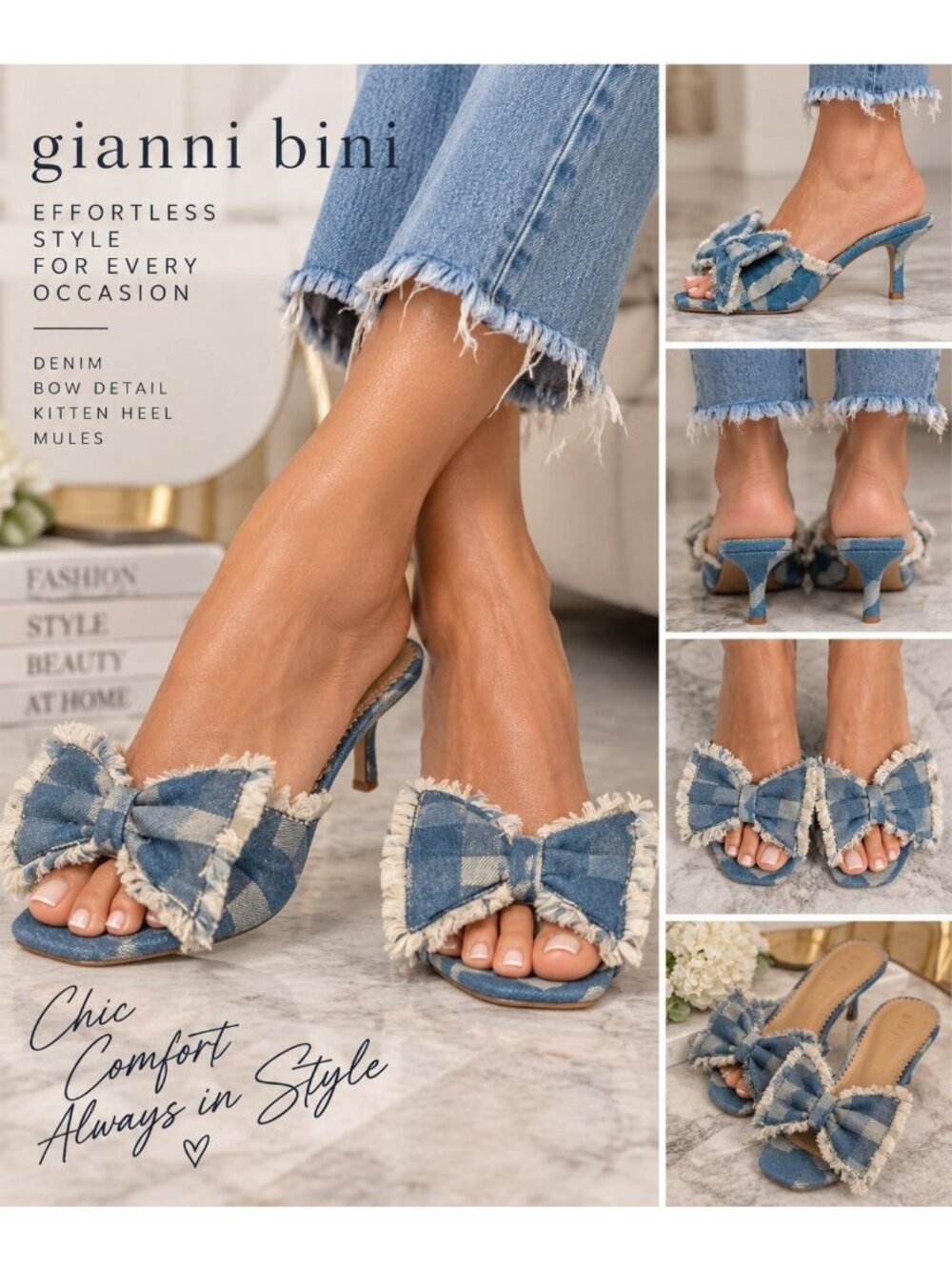 Gianni Bini Denim Bow Kitten Heel Mules Frayed Plaid Slides Women’s Size 6 Y2k